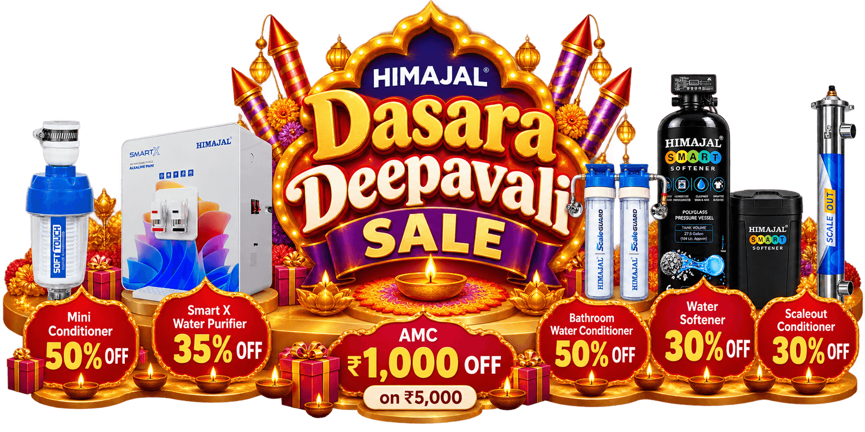 HIMAJAL Dasara Deepavali Sale — Mini Conditioner 50% off, Smart X Water Purifier 35% off, Bathroom Water Conditioner 50% off, Water Softener 30% off, ScaleOut Conditioner 30% off, and ₹1,000 off AMC plans of ₹5,000