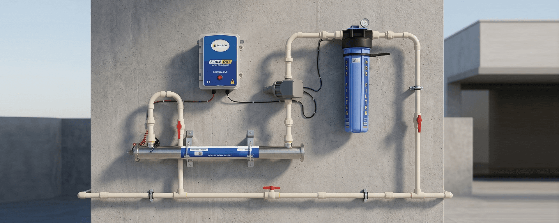 Wall-mounted water conditioner and pre-filter plumbed into a supply line