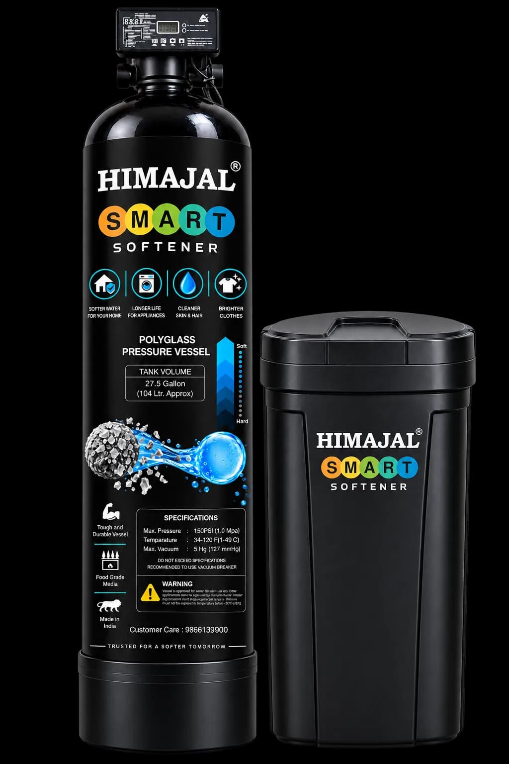 Himajal Smart Softener — pressure vessel with LCD controller and brine tank